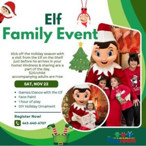 This flyer has all the details for the Elf Family Event at The Playroom on November 22 9-12 PM. All details for the event are included in the description for this post.