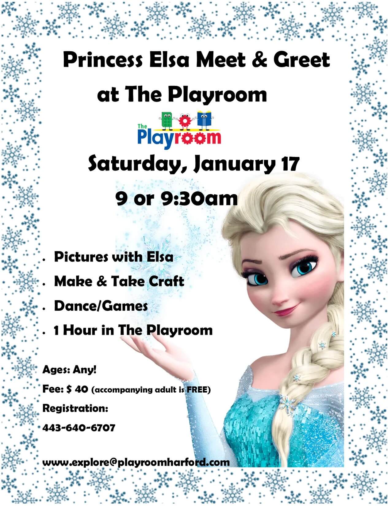 Come meet Elsa at The Playroom in Forest Hill, MD on January 17, 2026. Visit the event page for text details.