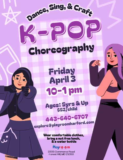 K-Pop Choreography drop-off camp at The Playroom in Forest Hill, MD. Click to view details about event in text format.