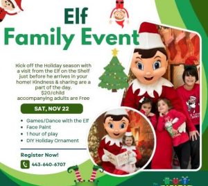This flyer has all the details for the Elf Family Event at The Playroom on November 22 9-12 PM. All details for the event are included in the description for this post.