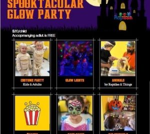 Halloween Spooktacular Glow Party at The Playroom on 2205 Commerce Rd. Forest Hill, MD 21050. $20/child, accompanying adult is free. Costume party, animals, snacks, face paint at this not-too-spooky family event