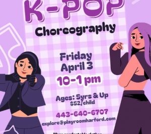 K-Pop Choreography drop-off camp at The Playroom in Forest Hill, MD. Click to view details about event in text format.