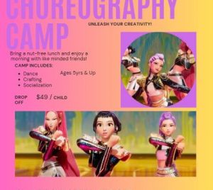 K-POP Choreography Camp at The Playroom in Forest Hill flyer. January 2, 2026 10-1 PM. $49/child. Drop-off camp